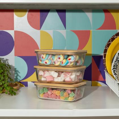 Imagem de kit 3 potes de vidro 1L com tampa de bambu hermético marmita retangulares - Tud