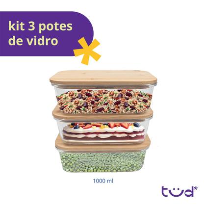 Imagem de kit 3 potes de vidro 1L com tampa de bambu hermético marmita retangulares - Tud