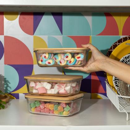 Imagem de kit 3 potes de vidro 1L com tampa de bambu hermético marmita retangulares - Tud