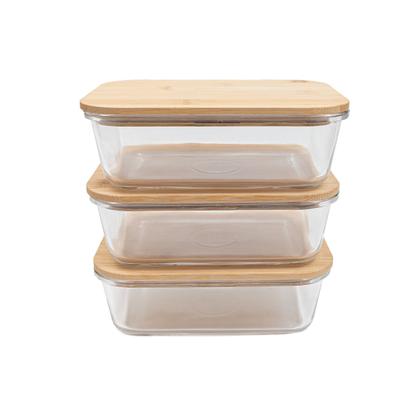 Imagem de kit 3 potes de vidro 1L com tampa de bambu hermético marmita retangulares - Tud