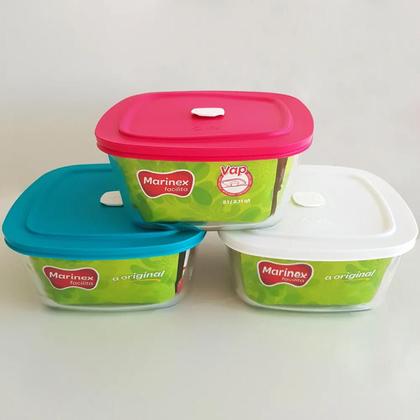 Imagem de Kit 3 Potes De Vidro 2L Marinex Facilita Tigelas Quadradas Com Tampas Plásticas Cores Sortidas