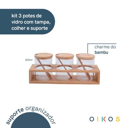 Imagem de Kit 3 potes de vidro 300ml com tampa, colher e suporte de bambu - Oikos