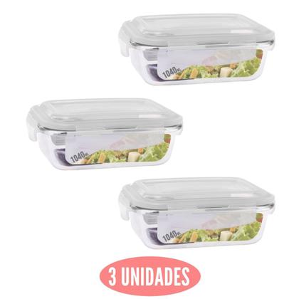Imagem de Kit 3 Potes de Vidro Marmita Fit Tampa Plast 4 Travas 1040ml