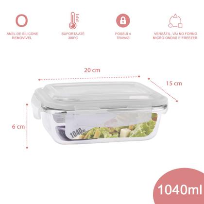 Imagem de Kit 3 Potes de Vidro Marmita Fit Tampa Plast 4 Travas 1040ml