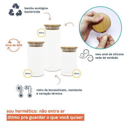 Imagem de Kit 3 Potes de Vidro para Mantimento com Tampa de Bambu Circular 450/300/250mL - Oikos