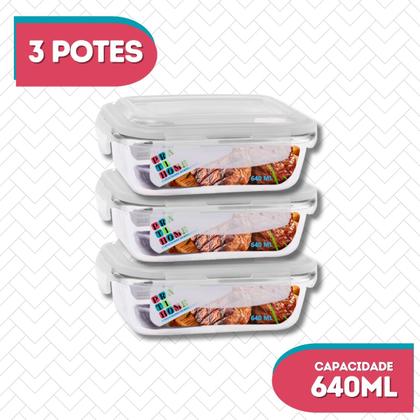 Imagem de KIT 3 Potes de Vidro Retangular com Tampa Hermética 640ml
