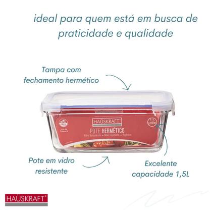 Imagem de Kit 3 Potes De Vidro Retangular Tampa Hermética 1500ML
