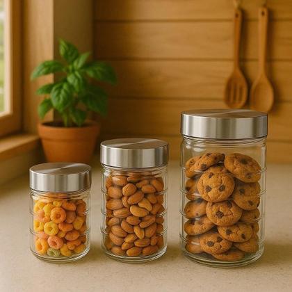 Imagem de Kit 3 Potes de Vidro Tampa Inox Mantimentos Café Biscoito Doces Enfeite Vasilha Recipiente Grãos
