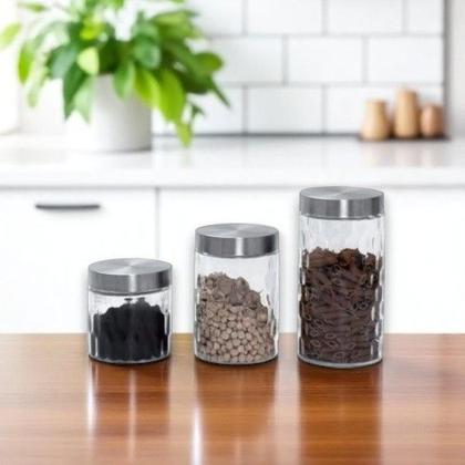 Imagem de Kit 3 Potes de Vidro Tampa Inox Mantimentos Café Biscoito Doces Enfeite Vasilha Recipiente Grãos