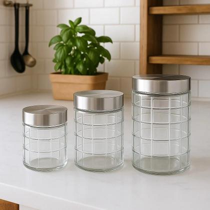 Imagem de Kit 3 Potes de Vidro Tampa Inox Mantimentos Café Biscoito Doces Enfeite Vasilha Recipiente Grãos