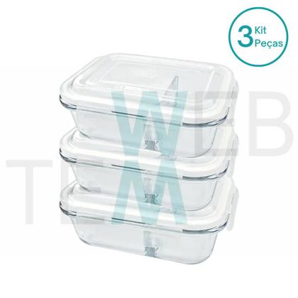 Imagem de Kit 3 Potes Hermético Marmita de Vidro Retangular Com Divisória 1010ml Com Tampa BPA Free: Cozinha Organizada, Sustentabilidade e Alimentos Frescos