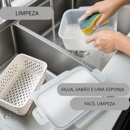 Imagem de Kit 3 Potes Hermético Organizador de Alimentos Com Cesto Escorredor e Tampa Para Geladeira Cozinha