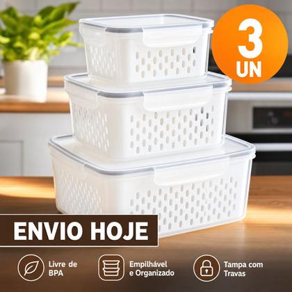 Imagem de Kit 3 Potes Hermético Organizador de Alimentos Com Cesto Escorredor e Tampa Para Geladeira Cozinha
