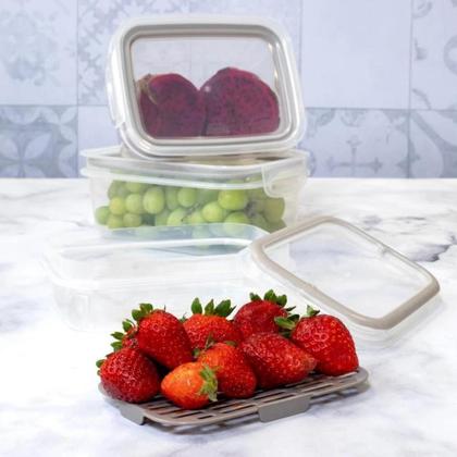 Imagem de Kit 3 Potes Hermético Porta Frios Com Travas Cesto Escorredor 500ML Frutas Vegetais Alimentos