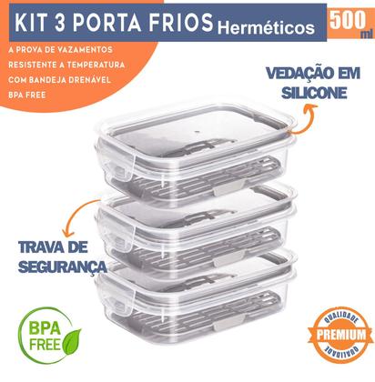 Imagem de Kit 3 Potes Hermético Porta Frios Com Travas Cesto Escorredor 500ML Frutas Vegetais Alimentos