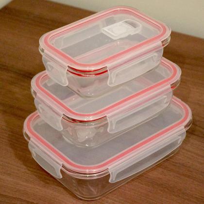 Imagem de Kit 3 Potes Herméticos de Vidro Retangular com 4 Travas 410ml, 700ml e 1,04L - Bela Flor