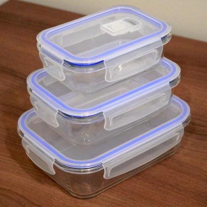 Imagem de Kit 3 Potes Herméticos de Vidro Retangular com 4 Travas 410ml, 700ml e 1,04L - Bela Flor