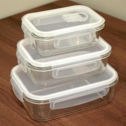 Imagem de Kit 3 Potes Herméticos de Vidro Retangular com 4 Travas 410ml, 700ml e 1,04L - Bela Flor