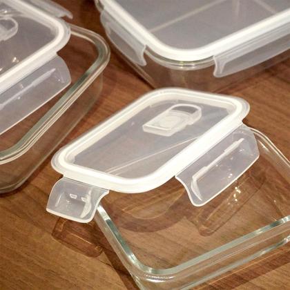 Imagem de Kit 3 Potes Herméticos de Vidro Retangular com 4 Travas 410ml, 700ml e 1,04L - Bela Flor