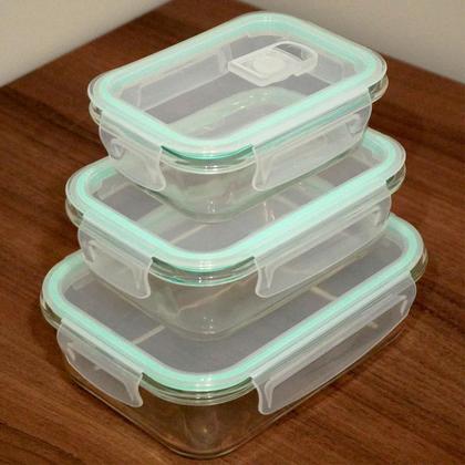 Imagem de Kit 3 Potes Herméticos de Vidro Retangular com 4 Travas 410ml, 700ml e 1,04L - Bela Flor