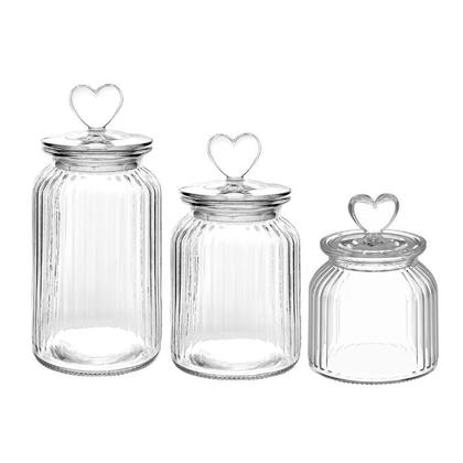 Imagem de kit 3 Potes Herméticos em Vidro Transparente com Tampa Coração 650, 950 e 1350ml Canelado