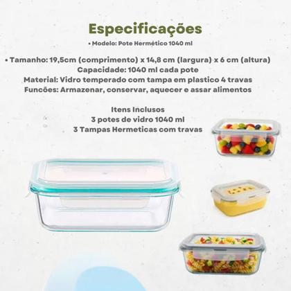Imagem de Kit 3 Potes Herméticos Grande Marmita 1040ml Tampa Com Trava Transparente