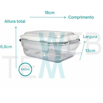 Imagem de Kit 3 Potes Herméticos Marmita de Vidro Retangular 640ml Tampa BPA Free: Armazenar Alimento e Organização de Casa com Sustentabilidade e Praticidade
