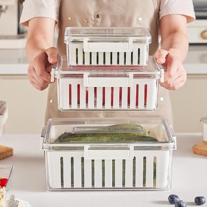 Imagem de Kit 3 potes hermeticos organizador geladeira fresh box com cesta escorredor removivel acrilico marmita frutas legumes al