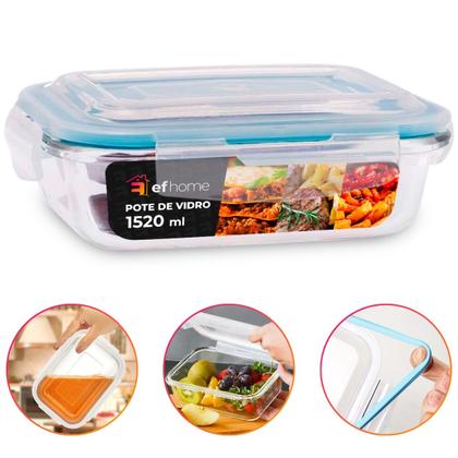 Imagem de Kit 3 Potes Herméticos Retangular Vidro Freezer Microondas Com Tampa Transparente 1500ML