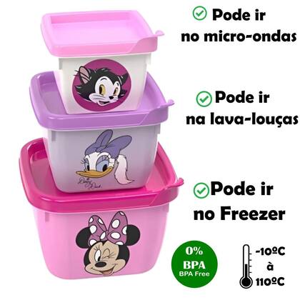 Imagem de Kit 3 Potes Infantil Empilhável Potinhos Frutinhas Lancheira Escolar Personagens Disney - Plasútil
