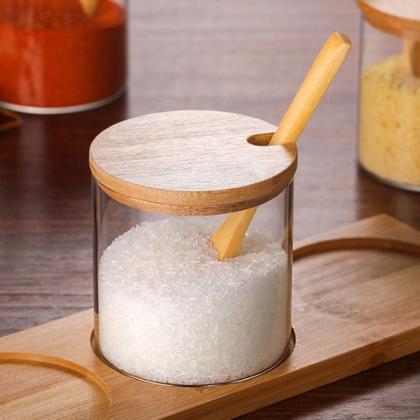 Imagem de Kit 3 Potes Porta Temperos Condimentos Vidro Tampa Bambu