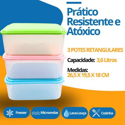 Imagem de Kit 3 Potes Retangular 3,6 Litros com Tampa Rosa Verde Azul