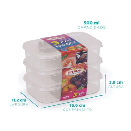 Imagem de Kit 3 potes retangulares rasos pequenos 500 ml