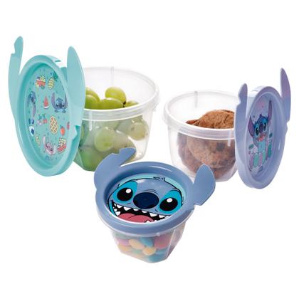 Imagem de Kit 3 Potes Stitch e Angel Lúdico 3D Lancheira Passeio