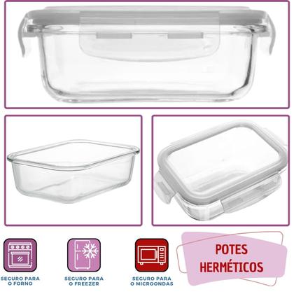 Imagem de Kit 3 Potes Tampa Hermetica 4 Travas Retangular Vidro 640ml