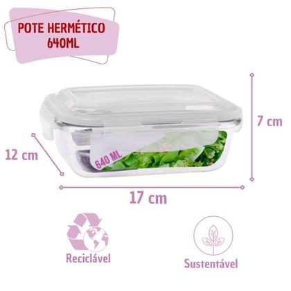 Imagem de Kit 3 Potes Tampa Hermetica 4 Travas Retangular Vidro 640ml