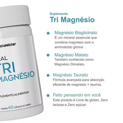 Imagem de Kit 3 Potes Tri Magnésio Malato Taurato Bisglicinato 180 Cápsulas Suplemento Alimentar Natural Premium Natunectar Original
