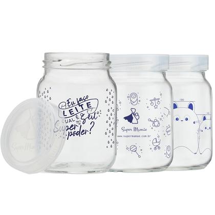 Imagem de Kit 3 Potes Vidro Armazenar Leite Materno Decorados 360 Graduação 200ml