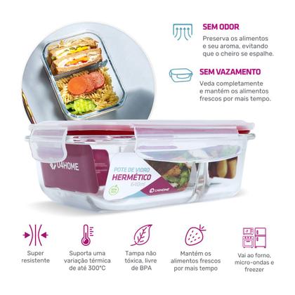 Imagem de Kit 3 Potes Vidro Hermético Retangular Com Divisória 640ml