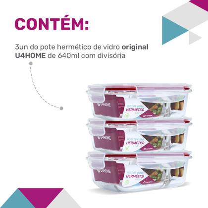Imagem de Kit 3 Potes Vidro Hermético Retangular Com Divisória 640ml