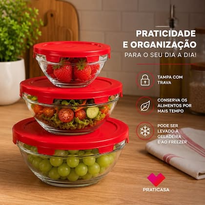 Imagem de Kit 3 potes vidro marmita hermetico porta mantimentos tigela bowl organizador alimentos sobremesa freezer fitness