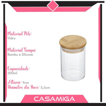 Imagem de Kit 3 Potes Vidro Tampa Bambu Hermético Temperos 200ml