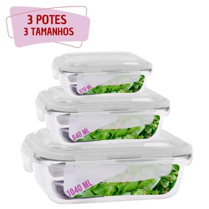 Imagem de Kit 3 Potes Vidro Tampa Retangular 370 640 1040ml 3 Modelos