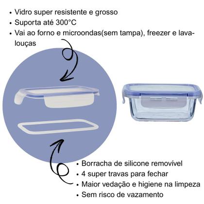 Imagem de KIT 3 Potes Vidros Retangulares Herméticos Marmitas Mantimentos 4 Travas 1040 ML