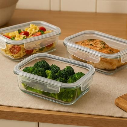 Imagem de KIT 3 Potes Vidros Retangulares Herméticos Marmitas Mantimentos 4 Travas 1040 ML
