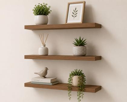 Imagem de Kit 3 Prateleiras Decorativas MDF 40cm Amadeirado Nicho Suspenso Parede Quarto Sala Escritório