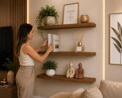 Imagem de Kit 3 Prateleiras Decorativas MDF 40cm Amadeirado Nicho Suspenso Parede Quarto Sala Escritório