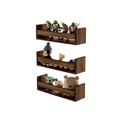 Imagem de Kit 3 Prateleiras Porta Brinquedos Nogal 60 x 12cm Suporte Invisivel