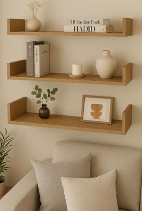 Imagem de Kit 3 prateleiras u- 50x15 madeirada nichos livros revistas quarto cozinha decoraçao sala
