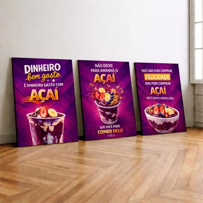 Imagem de Kit 3 Quadro Decorativo Açaí Sorvete Sorveteria Moderno Luxo Qualidade Premium 28x20cm